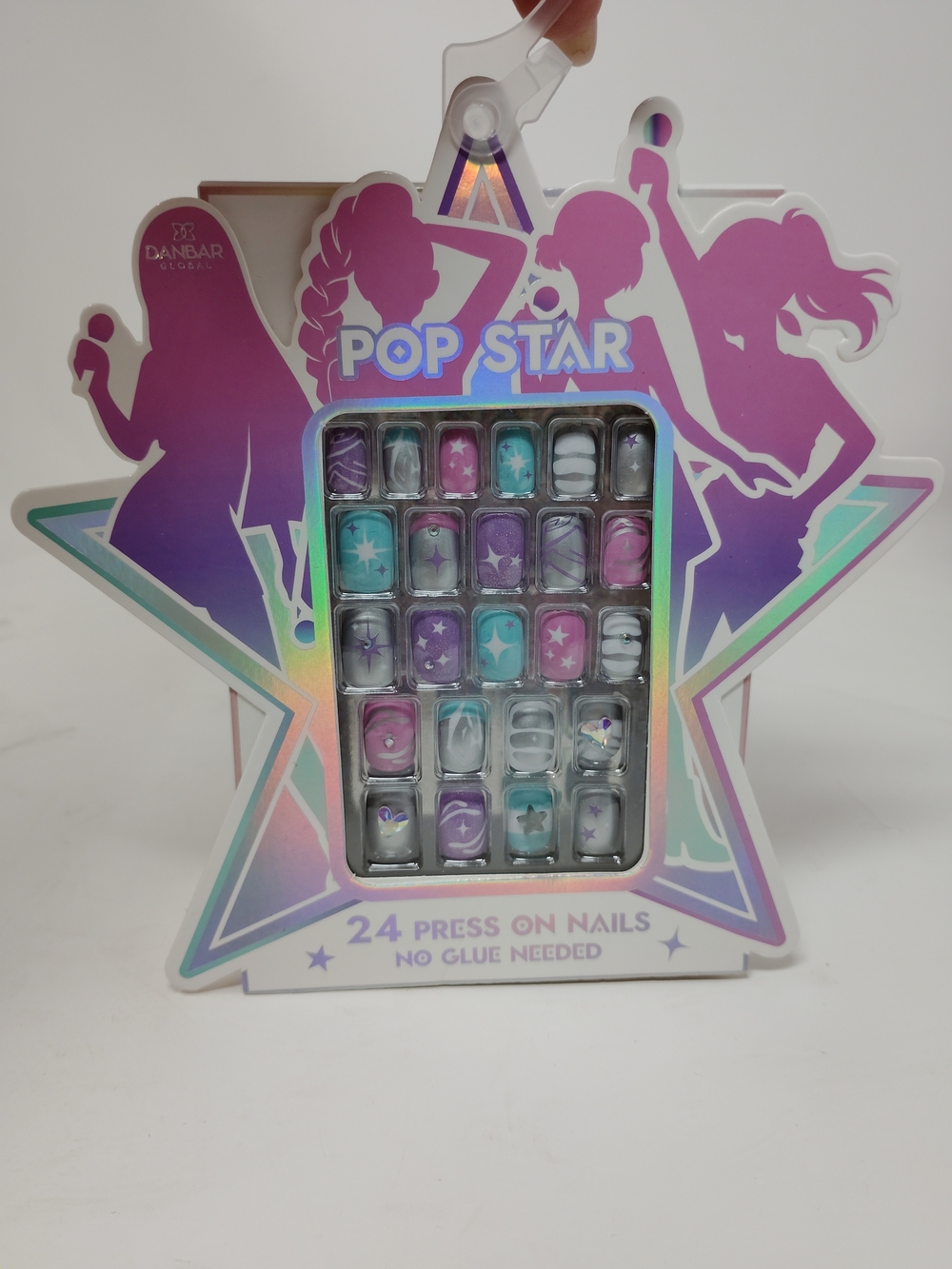 Danbar Pop Star Kids Press-On Nails - Purple, Pink, Teal, White (24 Count)